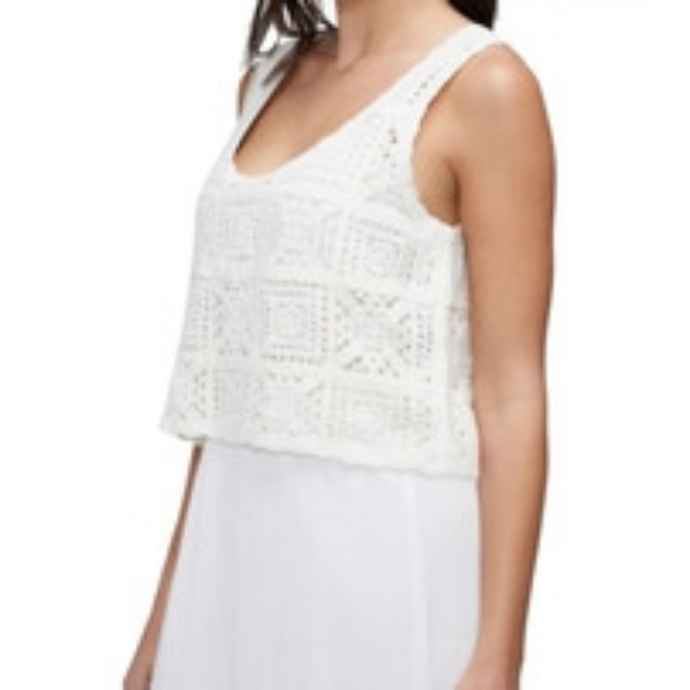 Three Dots Crochet Overlay Wide Leg Jumpsuit Cream Boho Size Large - Picture 2 of 7